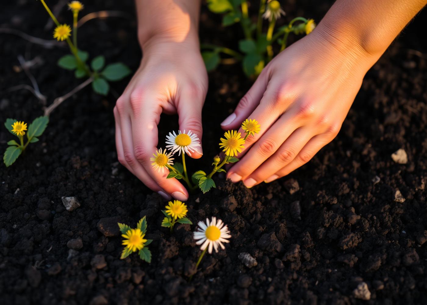 Hands planting wildflowers in dark soil