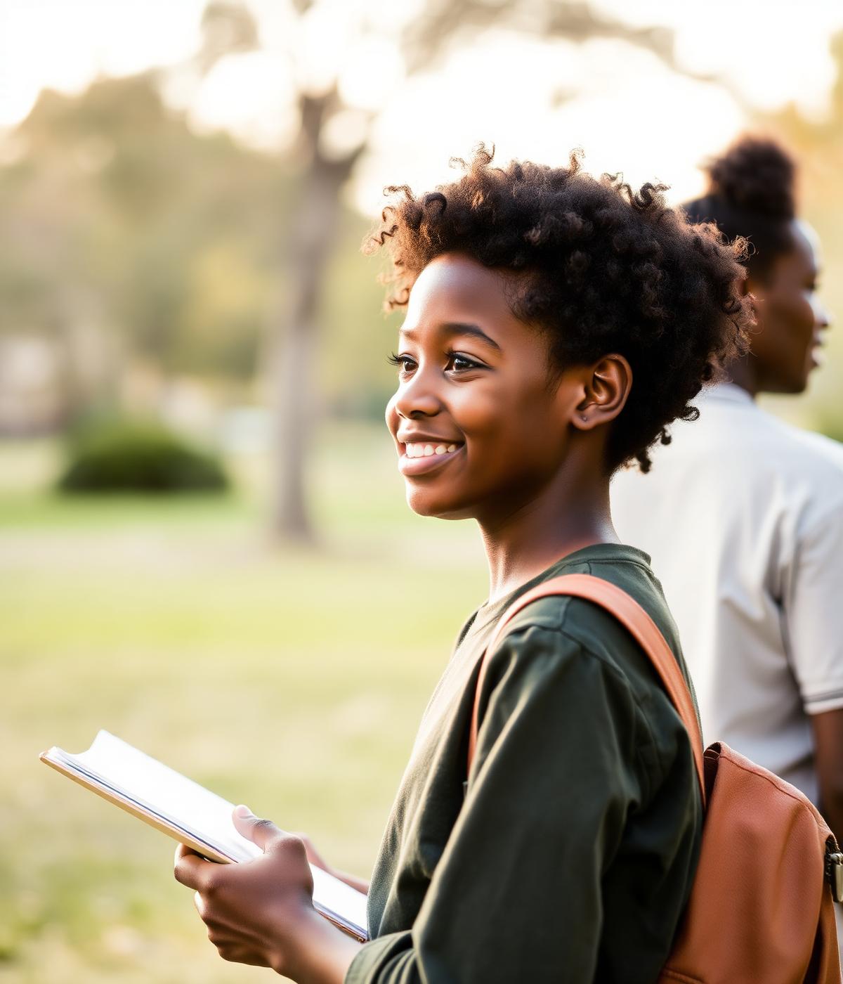 Young person smiling outdoors with a notebook